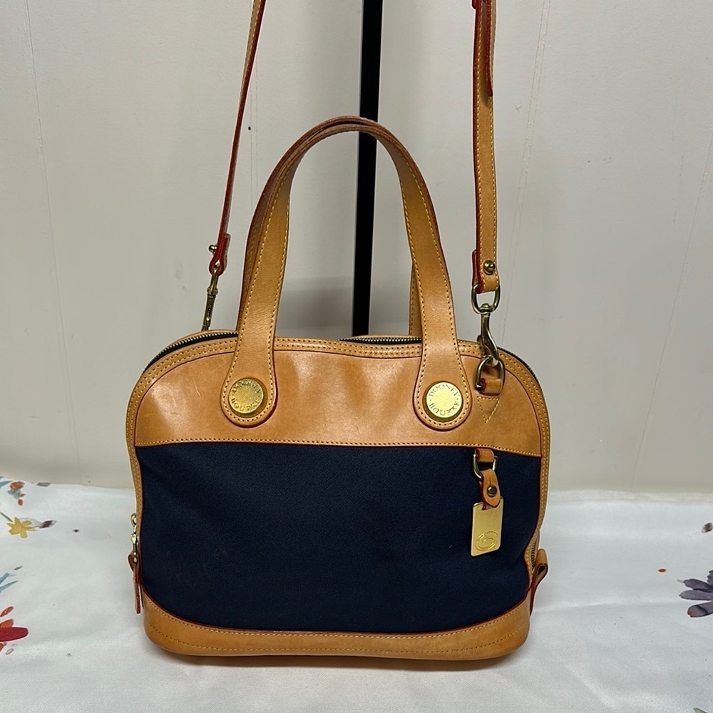 Vintage Dooney & Bourke Tan and Blue Satchel / Crossbody Dome bag